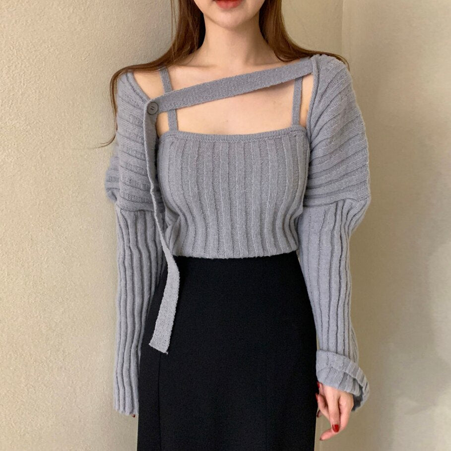 Camisole Knitted Cardigans Women Two Piece Sets 2021 Autumn Sweater Jacket Woman - MERGE.DAY.1.FREESTYLE