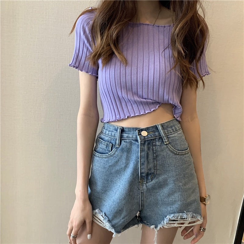 Women Off Shoulder T-shirts Knitted Ruffles Hem Crop Tops Short Sleeve T-shirts - MERGE.DAY.1.FREESTYLE