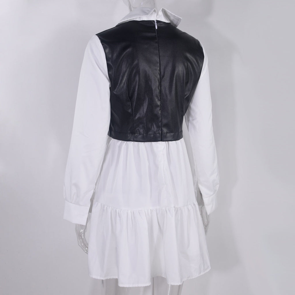 Long Sleeve Mini Shirt Dress For Women White 2022 Spring PU Leather Patchwork Plaid Dresses - MERGE.DAY.1.FREESTYLE