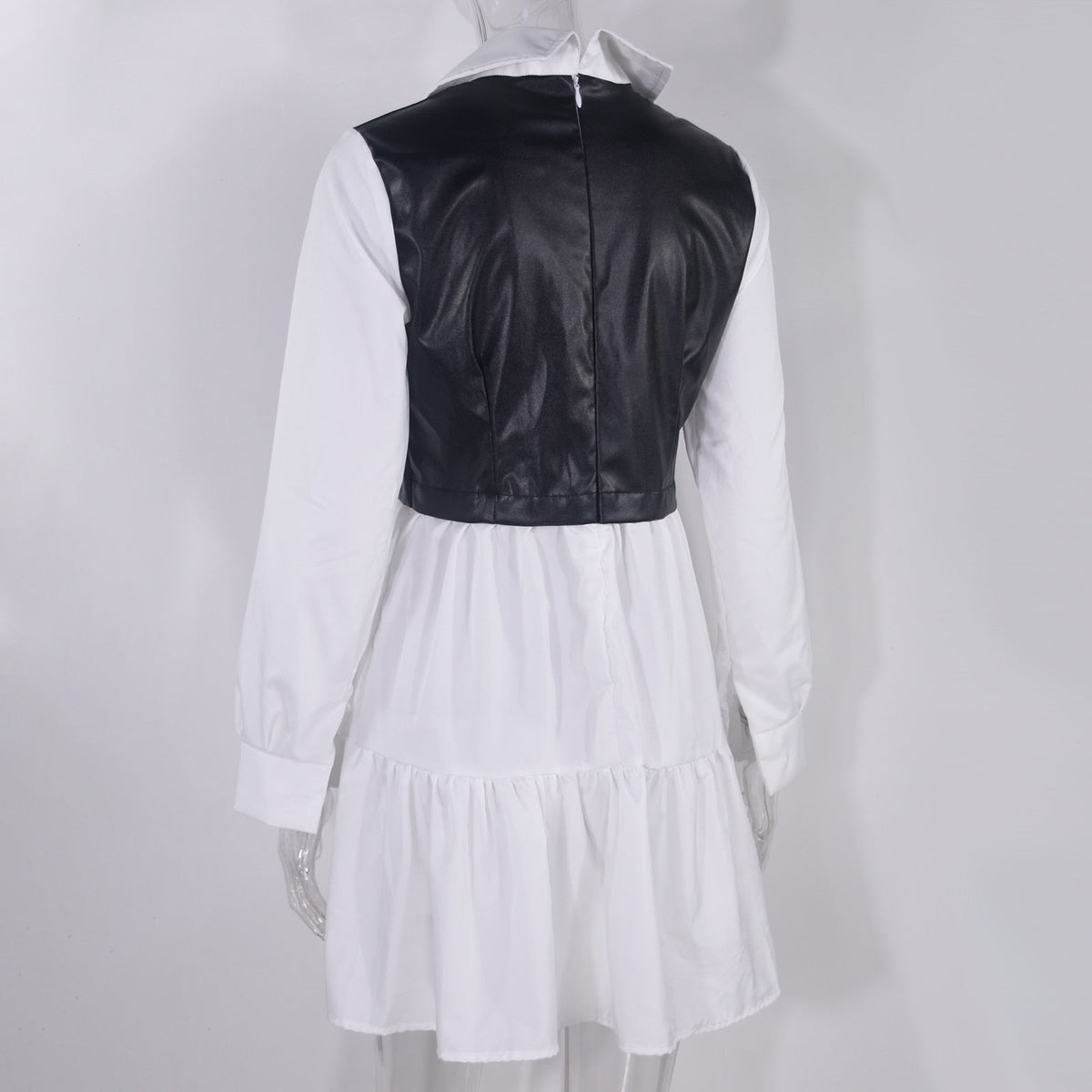 Long Sleeve Mini Shirt Dress For Women White 2022 Spring PU Leather Patchwork Plaid Dresses - MERGE.DAY.1.FREESTYLE