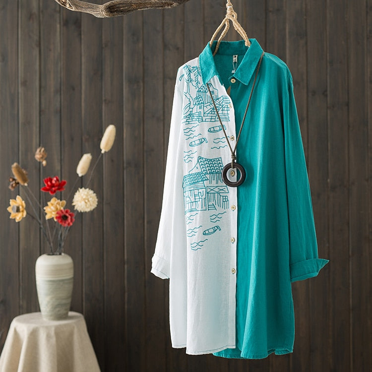 Women Cotton Linen Embroidery Blouse Long Sleeve Patchwork Color Top - MERGE.DAY.1.FREESTYLE