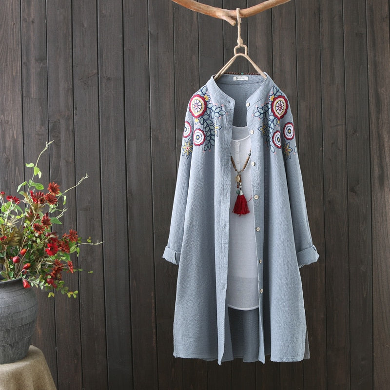 Women White Shirt 100% Cotton Embroidery Long Sleeve Button Up Blouse Loose Office Top - MERGE.DAY.1.FREESTYLE
