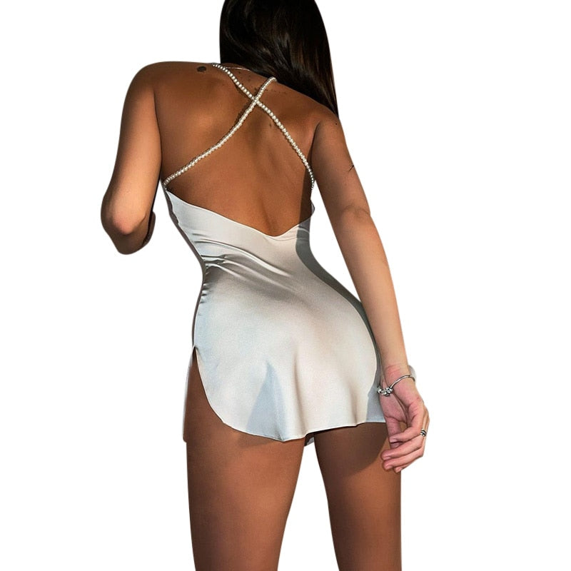 Silk Strap Mini Dresses Backless Solid Color Criss Front Pearl Sexy Summer Sexy Party - MERGE.DAY.1.FREESTYLE