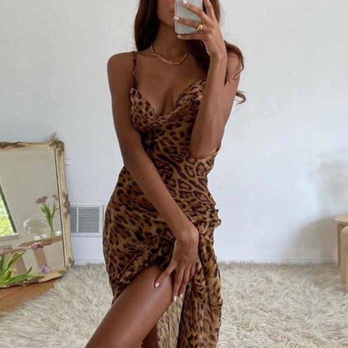 Leopard Print V-Neck Sexy Bodycon Long Dress Women Lace Up Backless Straps Beach Vestidos - MERGE.DAY.1.FREESTYLE