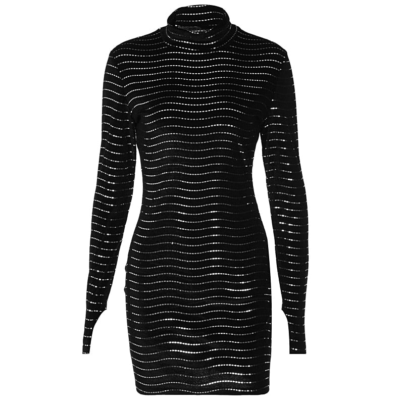 Sequins Long Sleeve Turtleneck Bodycon Slim Sexy Mini Dress Party Club Y2K - MERGE.DAY.1.FREESTYLE