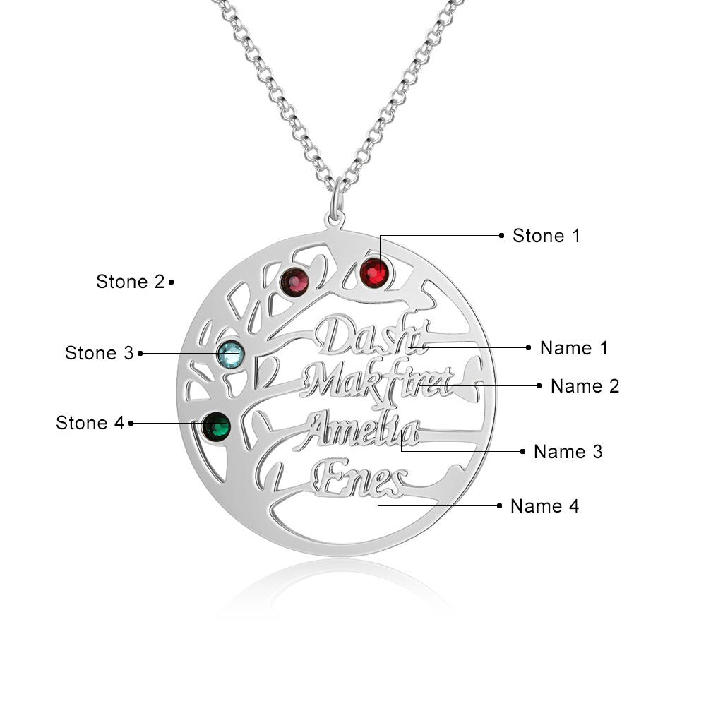 Family Tree Necklace with 4 Birthstones Name Necklace - MERGE.DAY.1.FREESTYLE