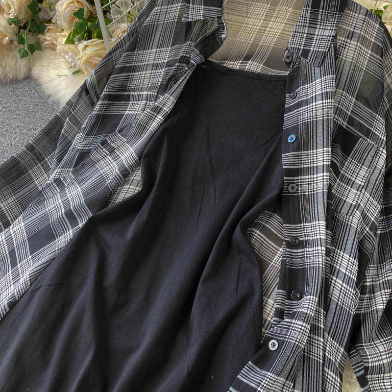Two Piece Set Long Sleeve Plaid Grey Overcoats Spaghetti Strap Slim Dress - MERGE.DAY.1.FREESTYLE
