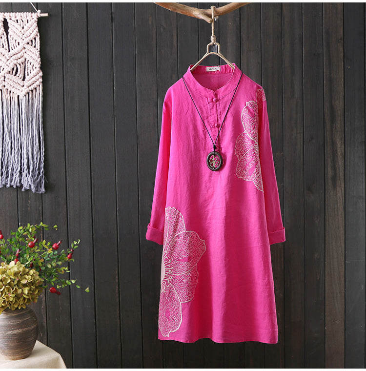 Cotton Shirt Long Sleeve Embroidery Blouse Stand Collar Loose Long Top Office Lady Casual Wear - MERGE.DAY.1.FREESTYLE