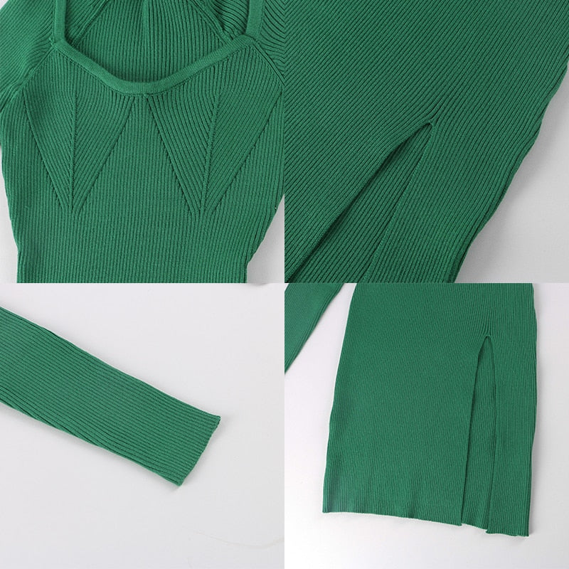 2022 Knitted Green Midi Sexy Bodycon Women Dress Spring Long Sleeve Off Shoulder Split Sweater Dresses - MERGE.DAY.1.FREESTYLE