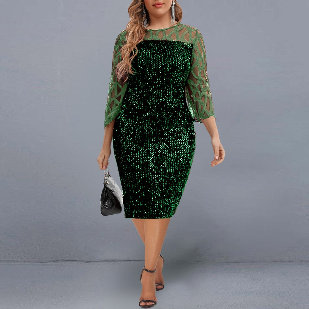Elegant Sequin Evening Party Dresses 2022 Spring Mesh Patchwork Casual Midi Dress - MERGE.DAY.1.FREESTYLE