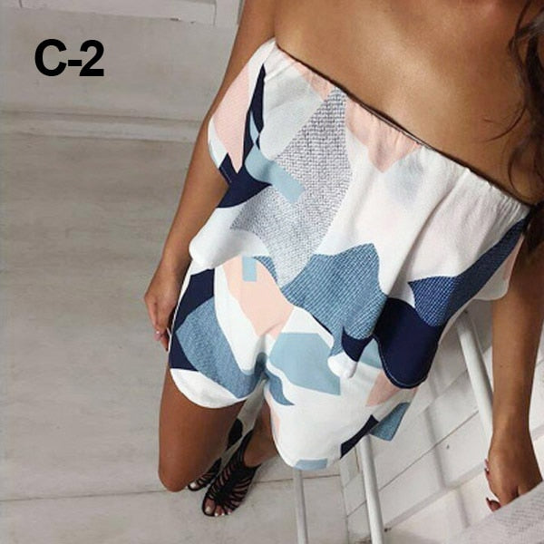 Floral Print Ruffles Strapless Rompers Summer Pleated Chest Wrapped Playsuits Womens Jumpsuit - MERGE.DAY.1.FREESTYLE