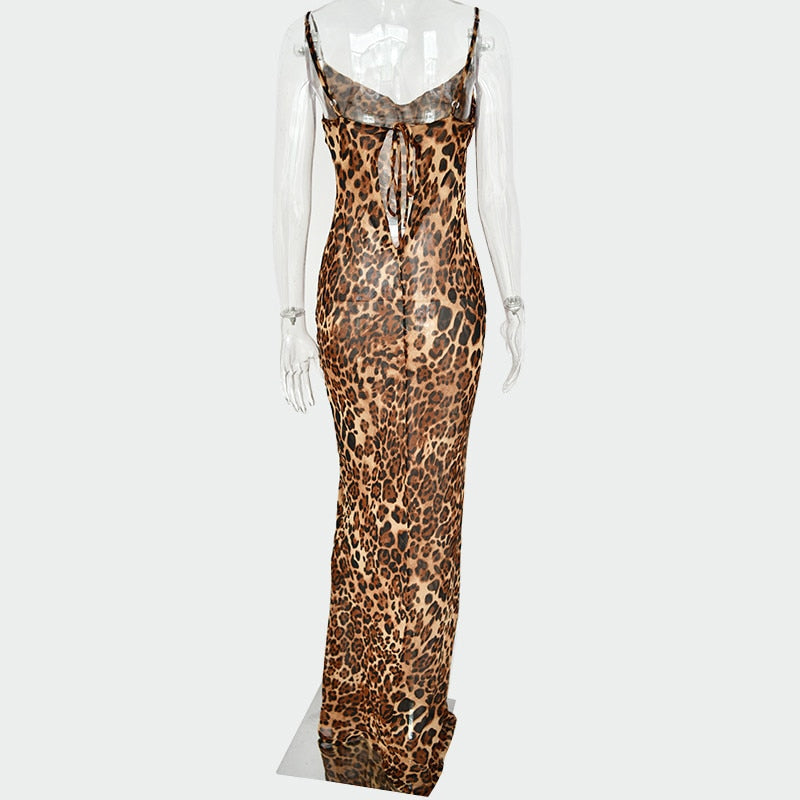 Leopard Print V-Neck Sexy Bodycon Long Dress Women Lace Up Backless Straps Beach Vestidos - MERGE.DAY.1.FREESTYLE