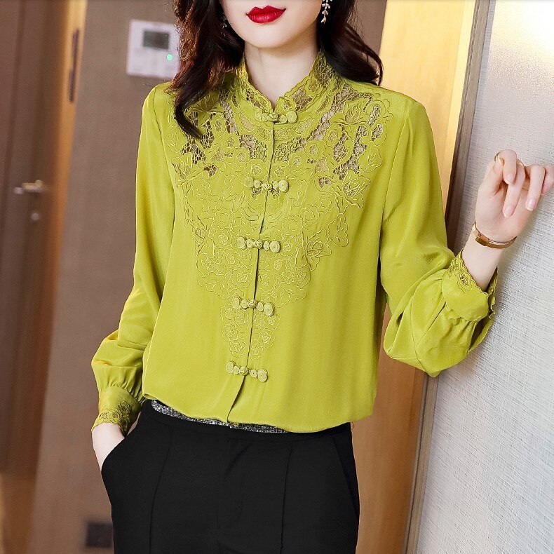 Embroidery Hollow Blouse Women Long Sleeve Imitation Silk Top Loose Vintage Shirt Plus Size - MERGE.DAY.1.FREESTYLE