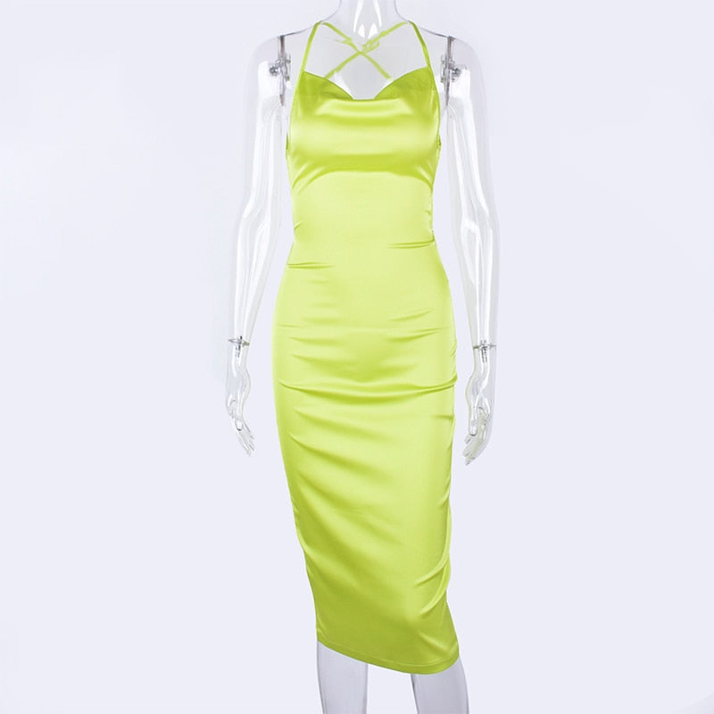 neon satin lace up 2022 summer women bodycon long midi dress sleeveless backless elegant party - MERGE.DAY.1.FREESTYLE
