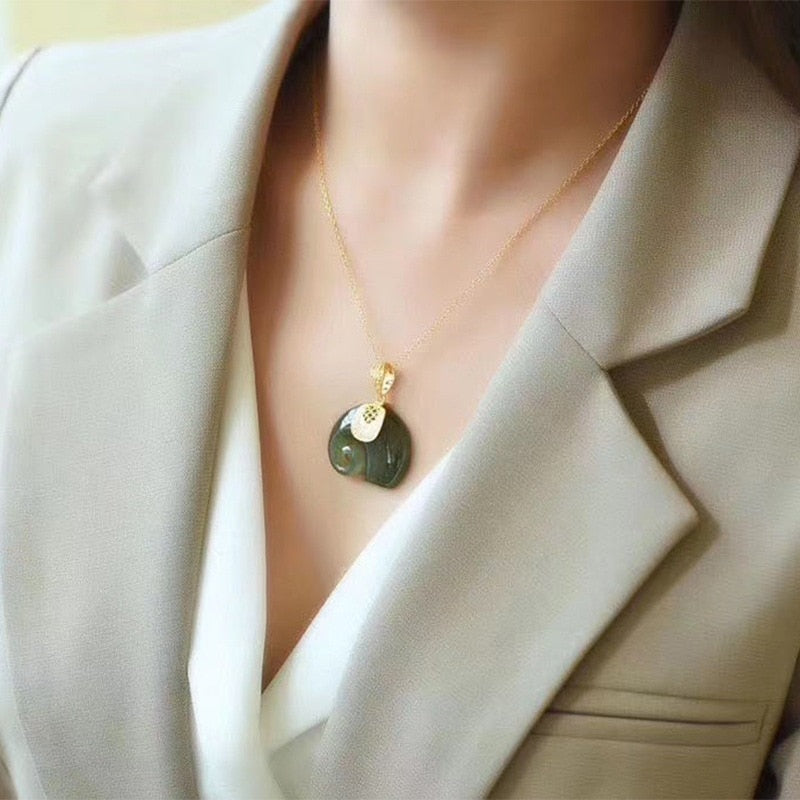 Vintage White Hetian Jade Elephant Pendant 18K Gold Plated Chain Necklace - MERGE.DAY.1.FREESTYLE