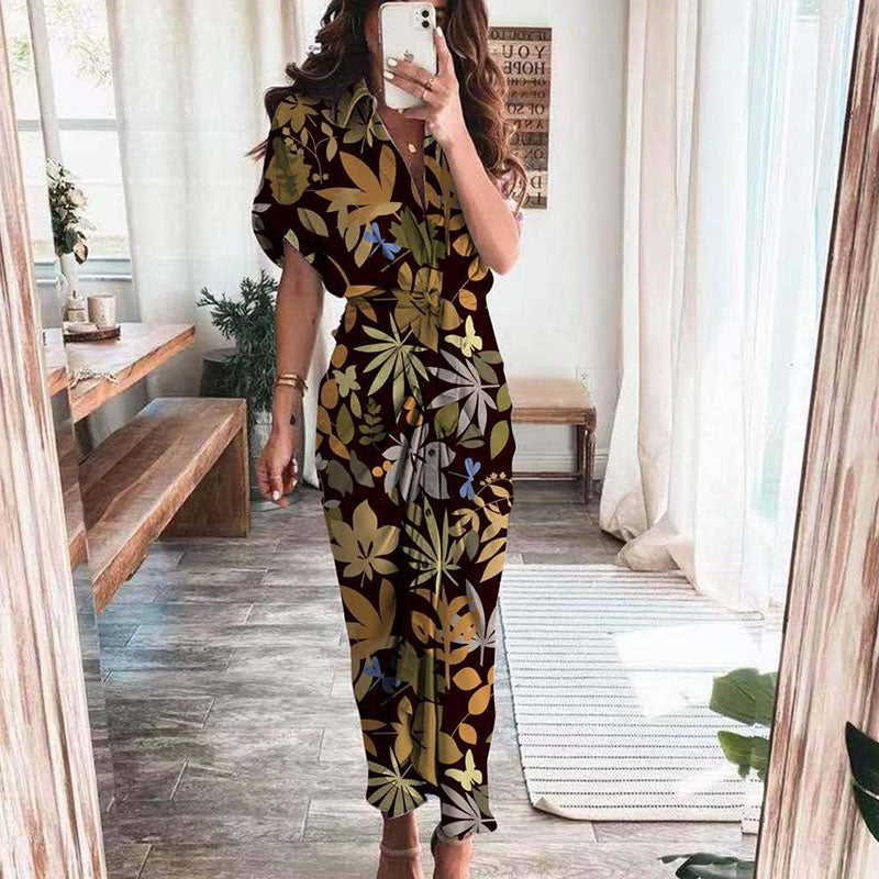 Vestido largo elegante de verano para mujer, de manga corta, con abertura, cuello tipo polo, botones y drapeado para fiesta