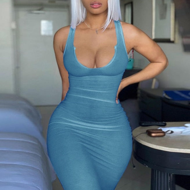 Ribbed Knitted Stripe Women Pure Sleeveless Midi Dress V Neck Bodycon Elegant 2022 Summer - MERGE.DAY.1.FREESTYLE