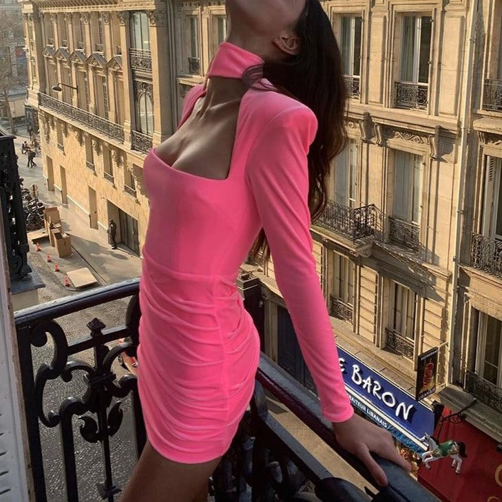 Velvet Women High Neck Long Sleeve Mini Dress Ruched Hollow Out Shoulder Pad Bodycon - MERGE.DAY.1.FREESTYLE