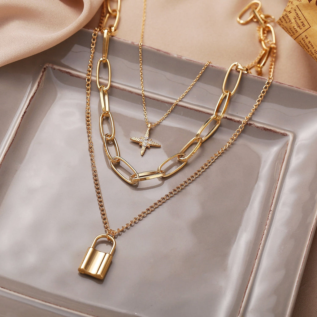 Multi Layer Lock Portrait Pendants Necklaces For Women Gold Metal Key Heart Necklace - MERGE.DAY.1.FREESTYLE