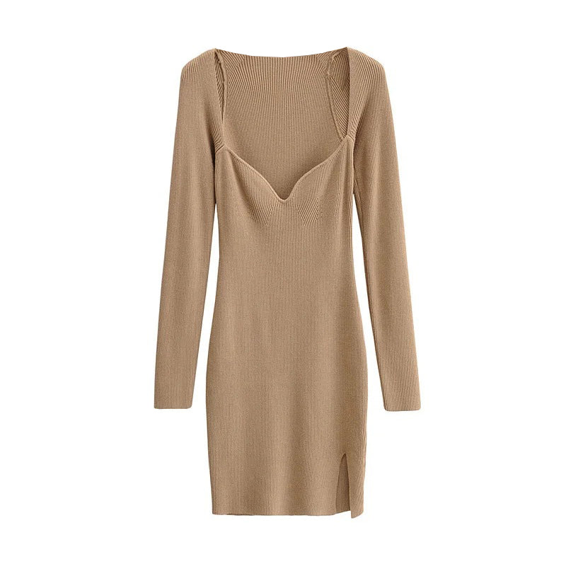 Aproms Elegant Square Neck Ribbed Knitted Dresses Women Long Sleeve High Stretch Bodycon - MERGE.DAY.1.FREESTYLE