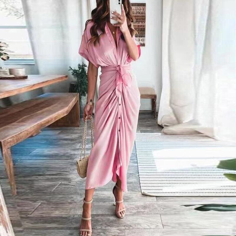 Women Summer Short Sleeve Slit Long Dress Turn-down Collar Elegant Button Draped Party Dresses - MERGE.DAY.1.FREESTYLE