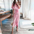 Women Summer Short Sleeve Slit Long Dress Turn-down Collar Elegant Button Draped Party Dresses - MERGE.DAY.1.FREESTYLE