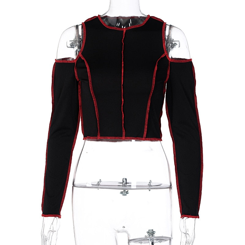 Goth Hollow Out Fashion Tshirt Women Long Sleeve Crop Top T Shirt Punk Streetwear Gothic Tee - MERGE.DAY.1.FREESTYLE
