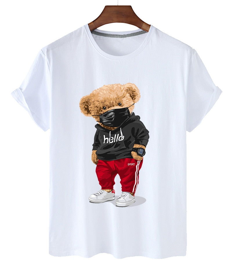 100% Cotton Sports Mask Bear Print Short-sleeved T-shirt Female Half-sleeved Casual Oversized T-shirt - MERGE.DAY.1.FREESTYLE