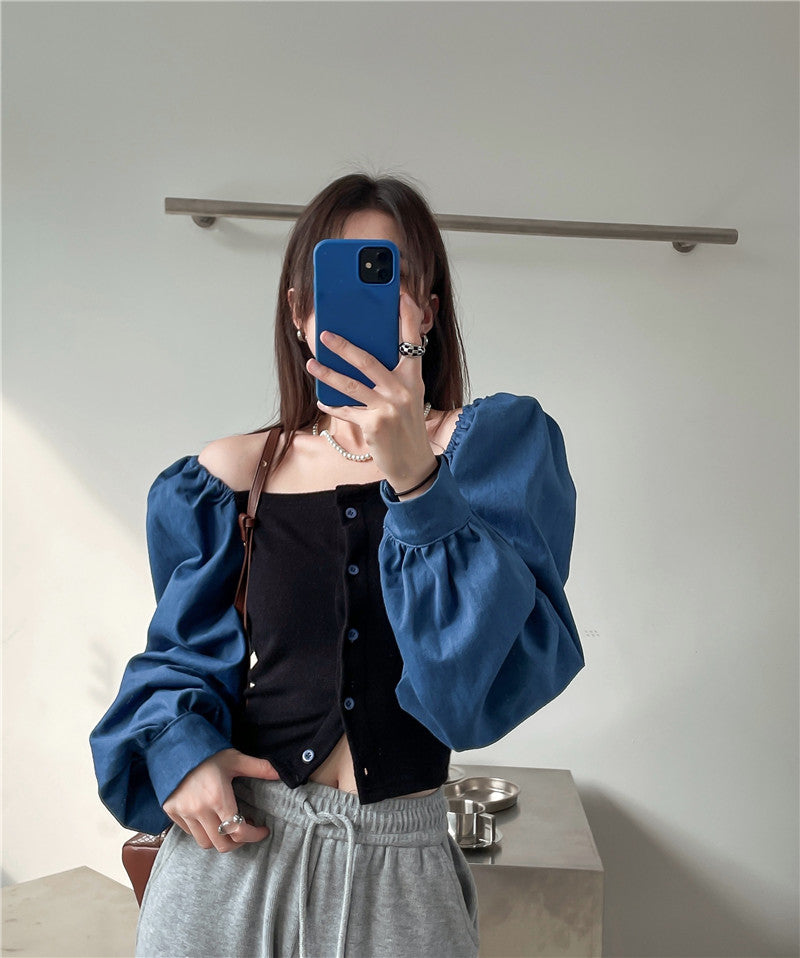 Patchwork Denim Shirts Women French Square Collar Puff Blouses Long Sleeve Crop Tops - MERGE.DAY.1.FREESTYLE
