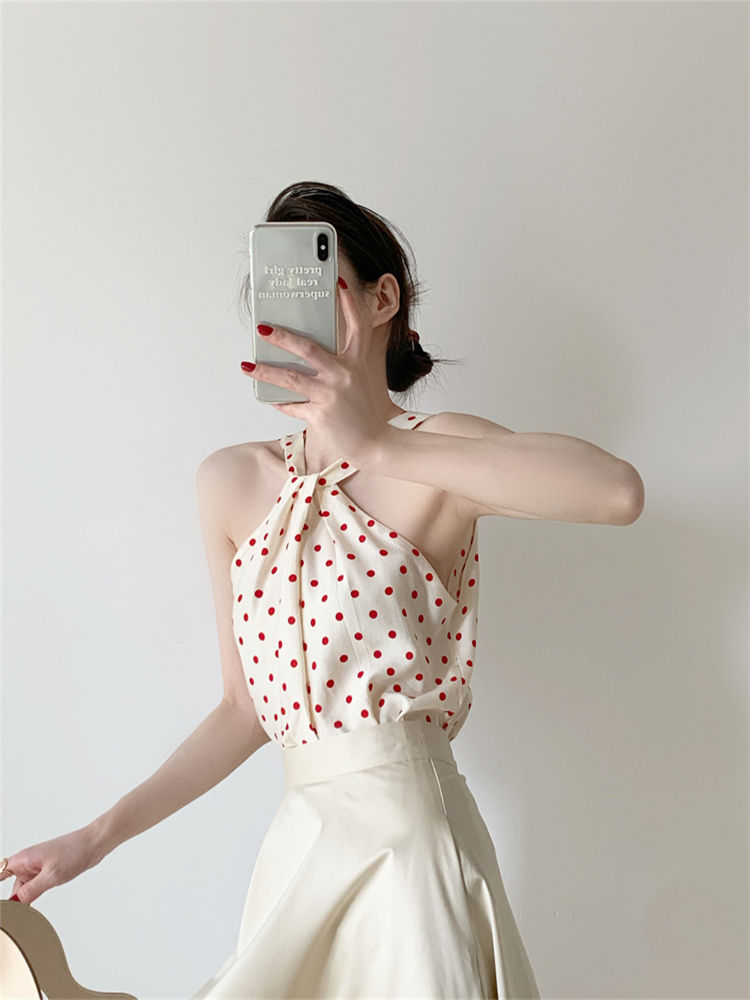 Backless Camis Women Summer Polka Dot Twist Halterneck Vest Female Casual Chiffon Tops - MERGE.DAY.1.FREESTYLE