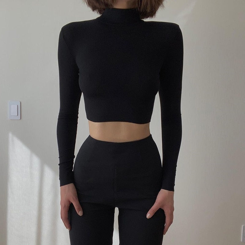 Solid Turtleneck Cropped T Shirt Women Autumn Casual Long Sleeve Ladies Skinny Basic - MERGE.DAY.1.FREESTYLE