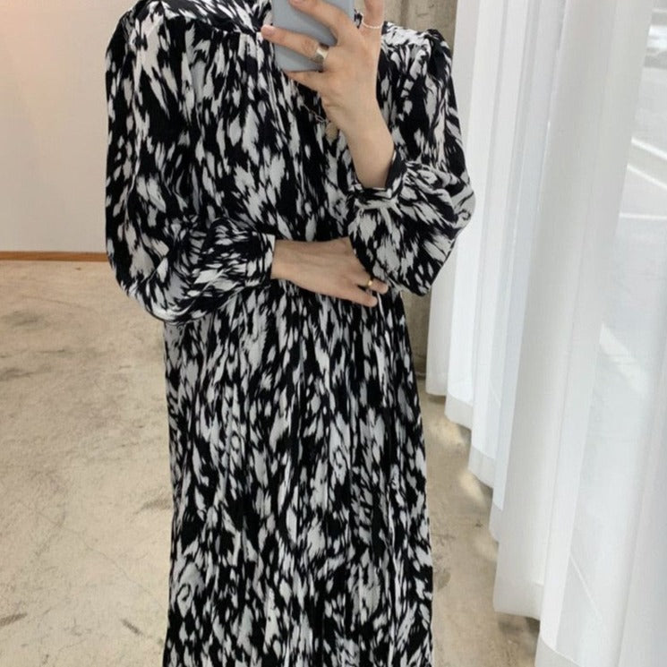Full Sleeve Dress Elegant Hit Color Female Lace-up Printed Midi Dress Vestidos - MERGE.DAY.1.FREESTYLE
