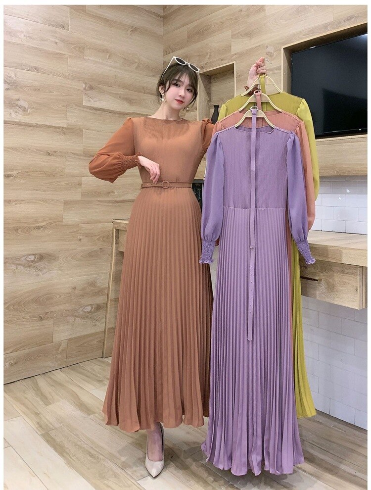 O-neck Long Sleeve A-line Dress Office Lady Pleated Maxi Dress - MERGE.DAY.1.FREESTYLE