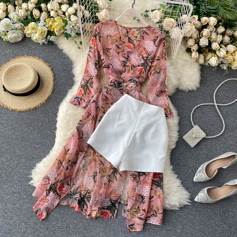 Women Casual Two Piece Set Long Sleeve V Neck Asymmetrical Chiffon Shirt - MERGE.DAY.1.FREESTYLE