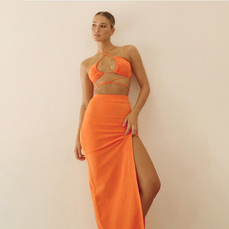 Cryptographic Bandage Cut Out Sexy Halter Neck Top and Skirts Set Gathered Elegant - MERGE.DAY.1.FREESTYLE