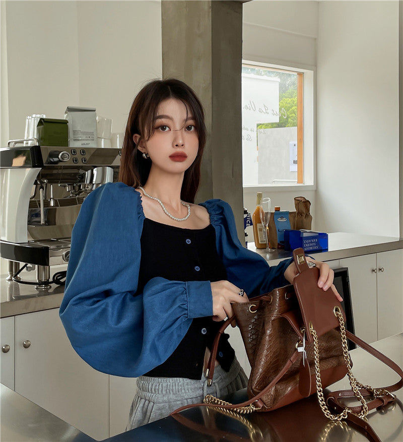 Patchwork Denim Shirts Women French Square Collar Puff Blouses Long Sleeve Crop Tops - MERGE.DAY.1.FREESTYLE