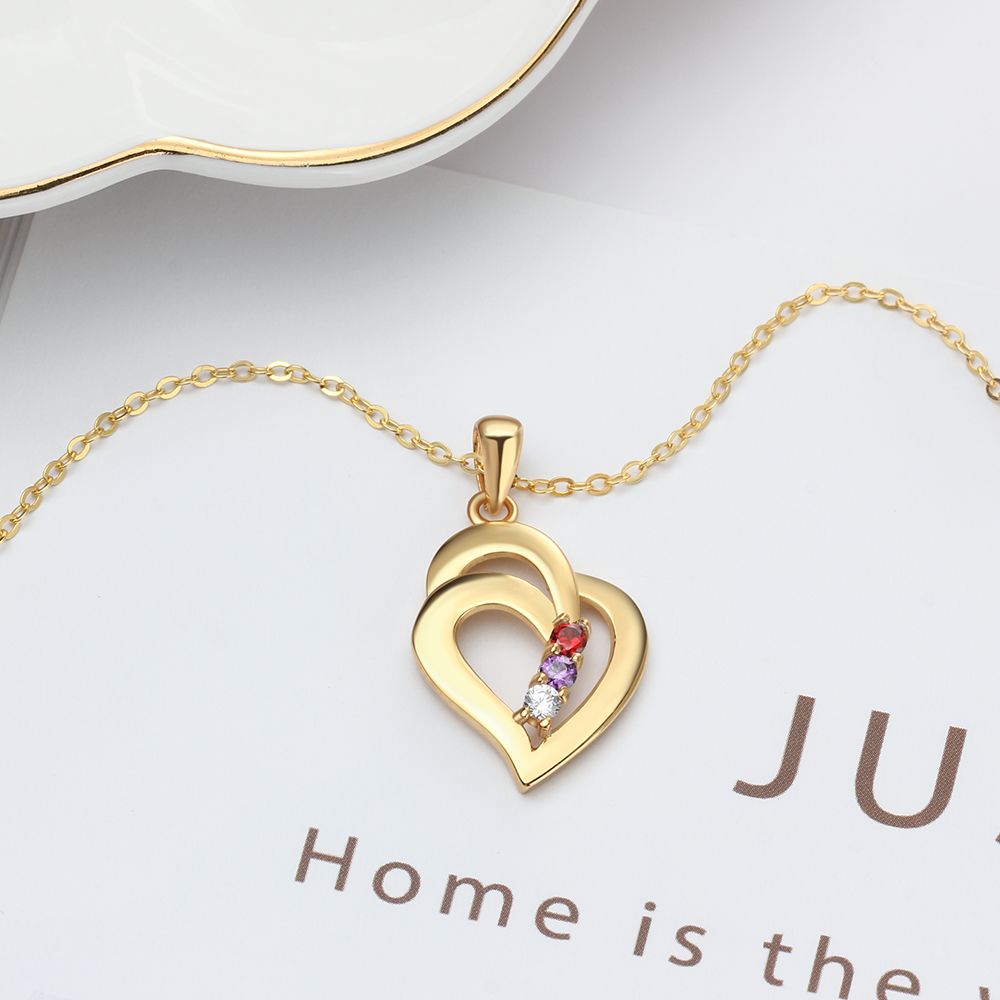 925 Sterling Silver Mothers Necklace with 3 Birthstones Romantic Name Heart Pendants - MERGE.DAY.1.FREESTYLE