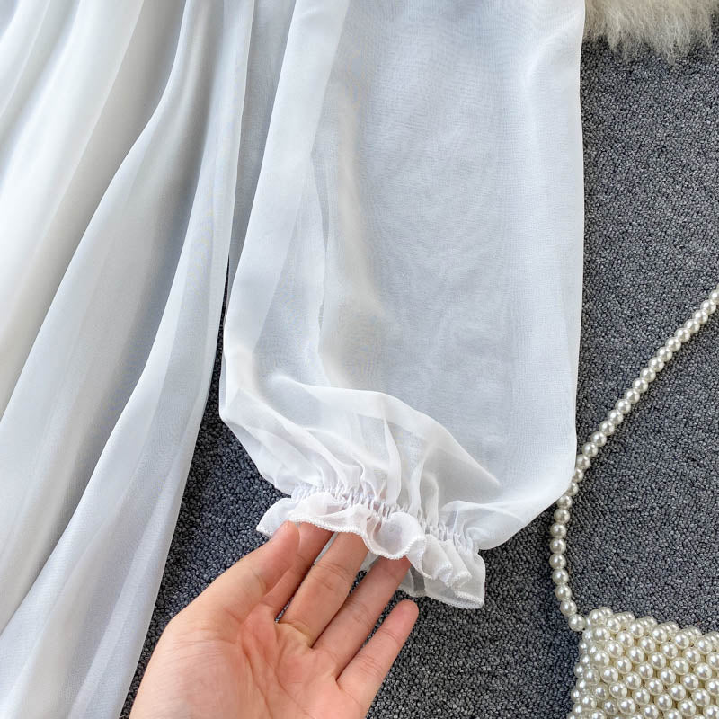 Holiday Puff Sleeve Slash Neck Off Shoulder Smocked White Chiffon Dresses - MERGE.DAY.1.FREESTYLE