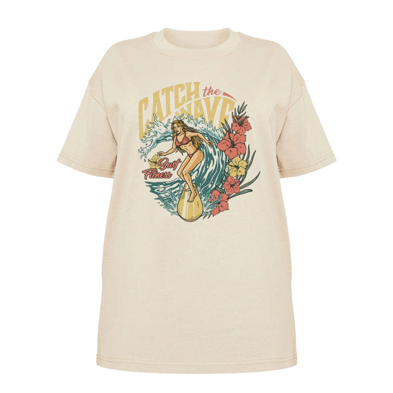 1pcs WHITE Tees Summer Casual Oversized Tee Best Surfing Santa Monica California Womens Retro Style - MERGE.DAY.1.FREESTYLE