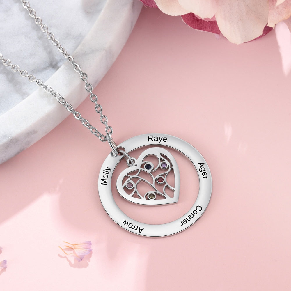 Tree of Life Name Necklace with Birthstone Name Engraved Pendant Family - MERGE.DAY.1.FREESTYLE