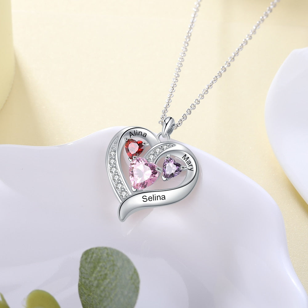 Name Engraved Heart Necklaces for Customized 3 Birthstone Necklace - MERGE.DAY.1.FREESTYLE