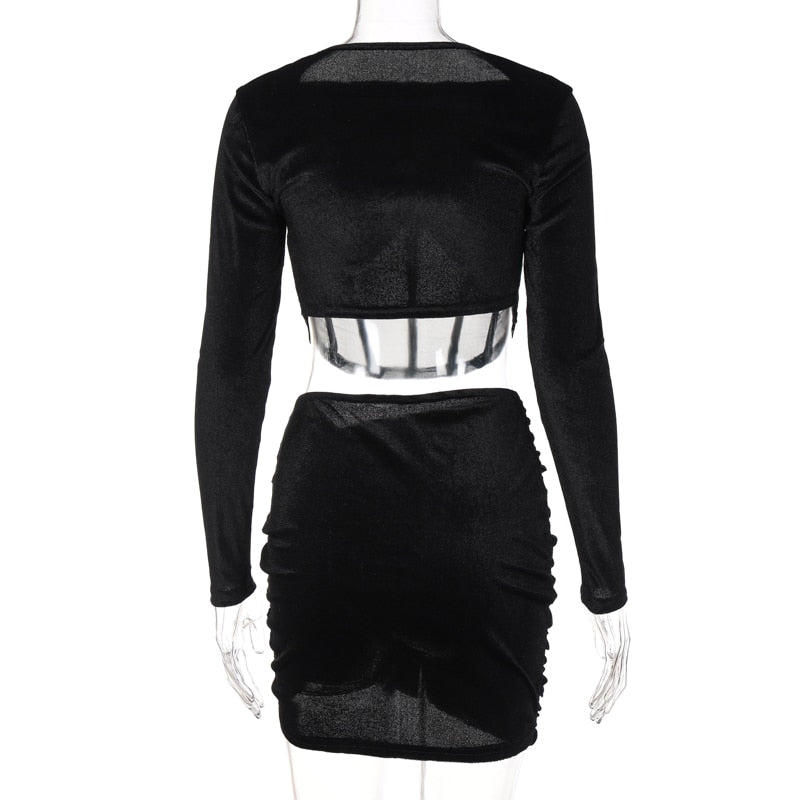 Velvet Mesh Long Sleeve Corset Out Crop Top Ruched Mini Dress 2 Pcs Set Bodycon - MERGE.DAY.1.FREESTYLE