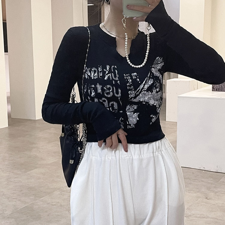 Knitted Crop Top Vintage Aesthetic Letter Printed Long Sleeve T-Shirts Sexy Slim Fit Tee Tops - MERGE.DAY.1.FREESTYLE