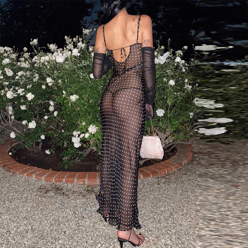 Sleeveless Zip Up Bandage Point Print Mesh See-Through Maxi Dress Sexy Clothings - MERGE.DAY.1.FREESTYLE