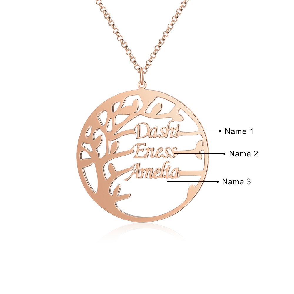 Family Tree Necklace Customized Nameplate with 3 Names Round Tree of Life Pendant - MERGE.DAY.1.FREESTYLE