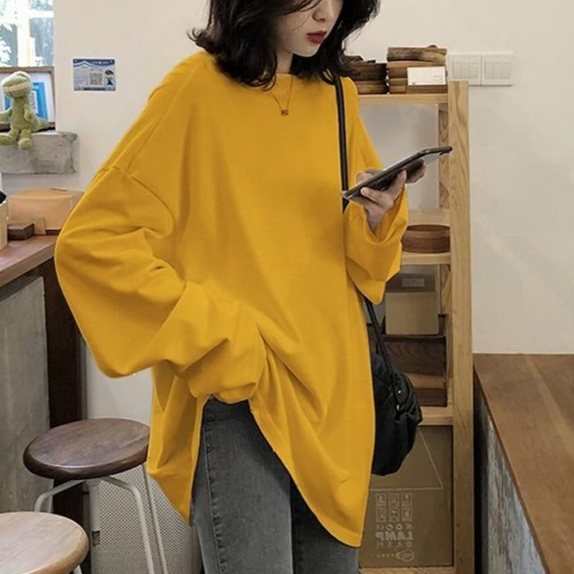 spring autumn Solid long Sleeve oversized tshirt harajuku long T Shirt Women kawaii T-shirts - MERGE.DAY.1.FREESTYLE
