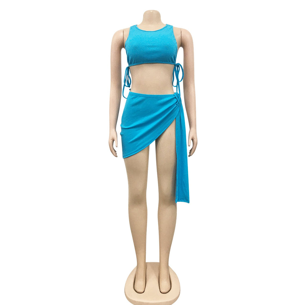 Knitted Ribbed Two Piece Set Bandage Crop Top Bodycon Mini Skirts Beachwear Outfits Summer - MERGE.DAY.1.FREESTYLE