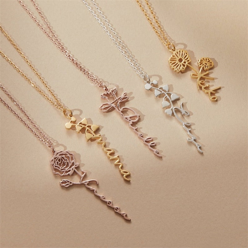 Custom Name Necklace Handwriting Style With Flower Personalized Name Jewelry - MERGE.DAY.1.FREESTYLE