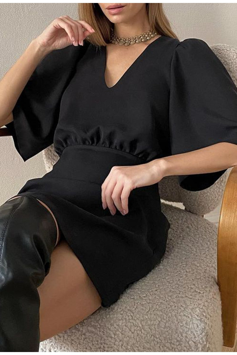 black short sleeve summer women dress 2022 Sexy V-neck solid High Street dress A-line mini Vestido - MERGE.DAY.1.FREESTYLE