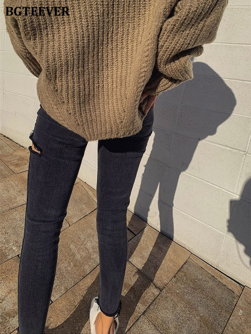 Irregular Ripped Holes Women Pencil Denim Jeans Stylish High Waist Stretched - MERGE.DAY.1.FREESTYLE